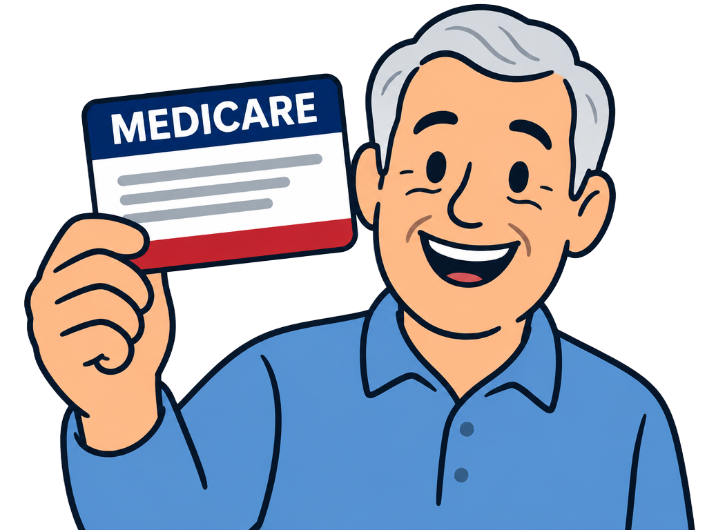 Cartoon of a smiling man holding his Medicare card